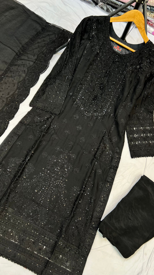 ✨ Classic Black Embroidered Chiffon 3-Piece Suit ✨