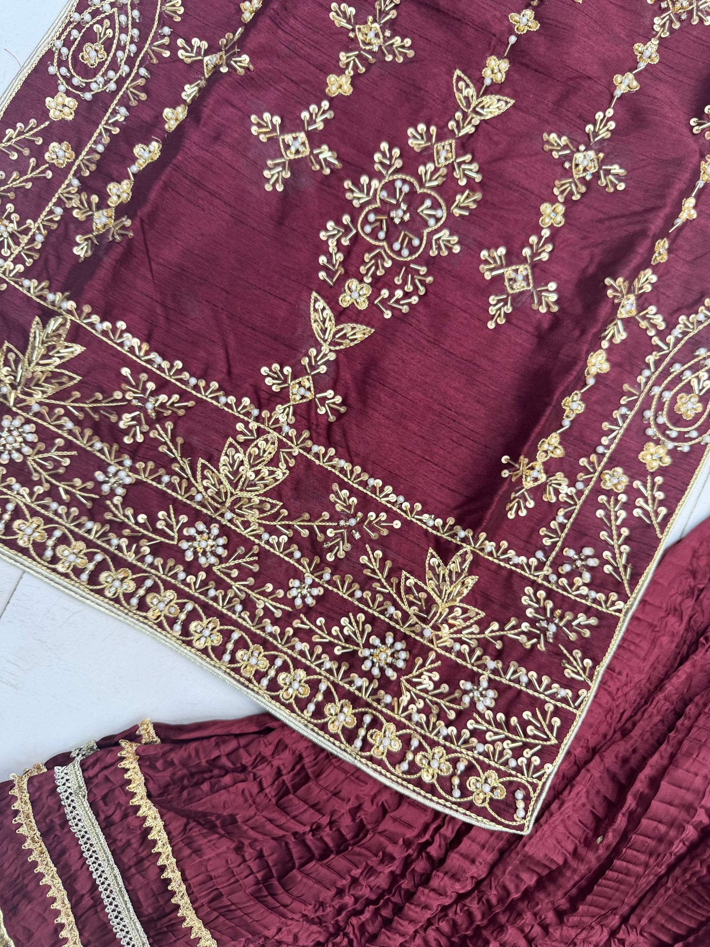 Silk Fabric Shirt With Crush Sharara Beautiful Artical Handmade work on shirt.