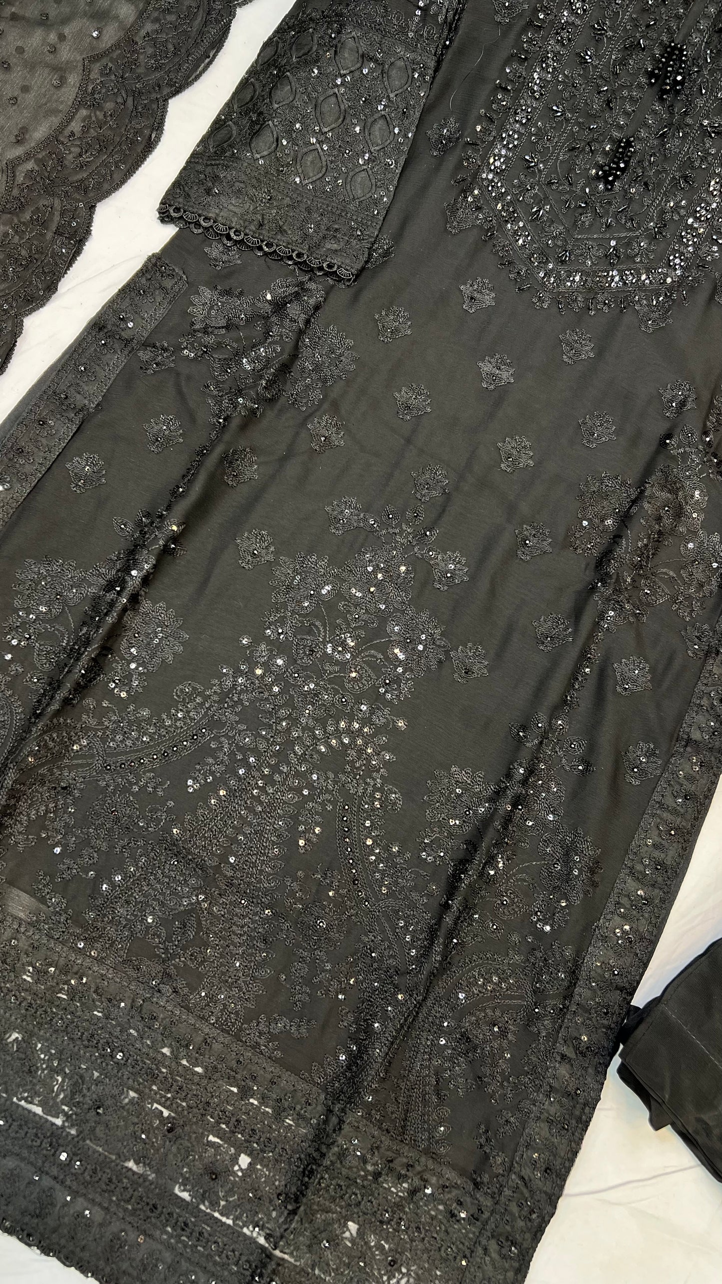 ✨ Classic Black Embroidered Chiffon 3-Piece Suit ✨