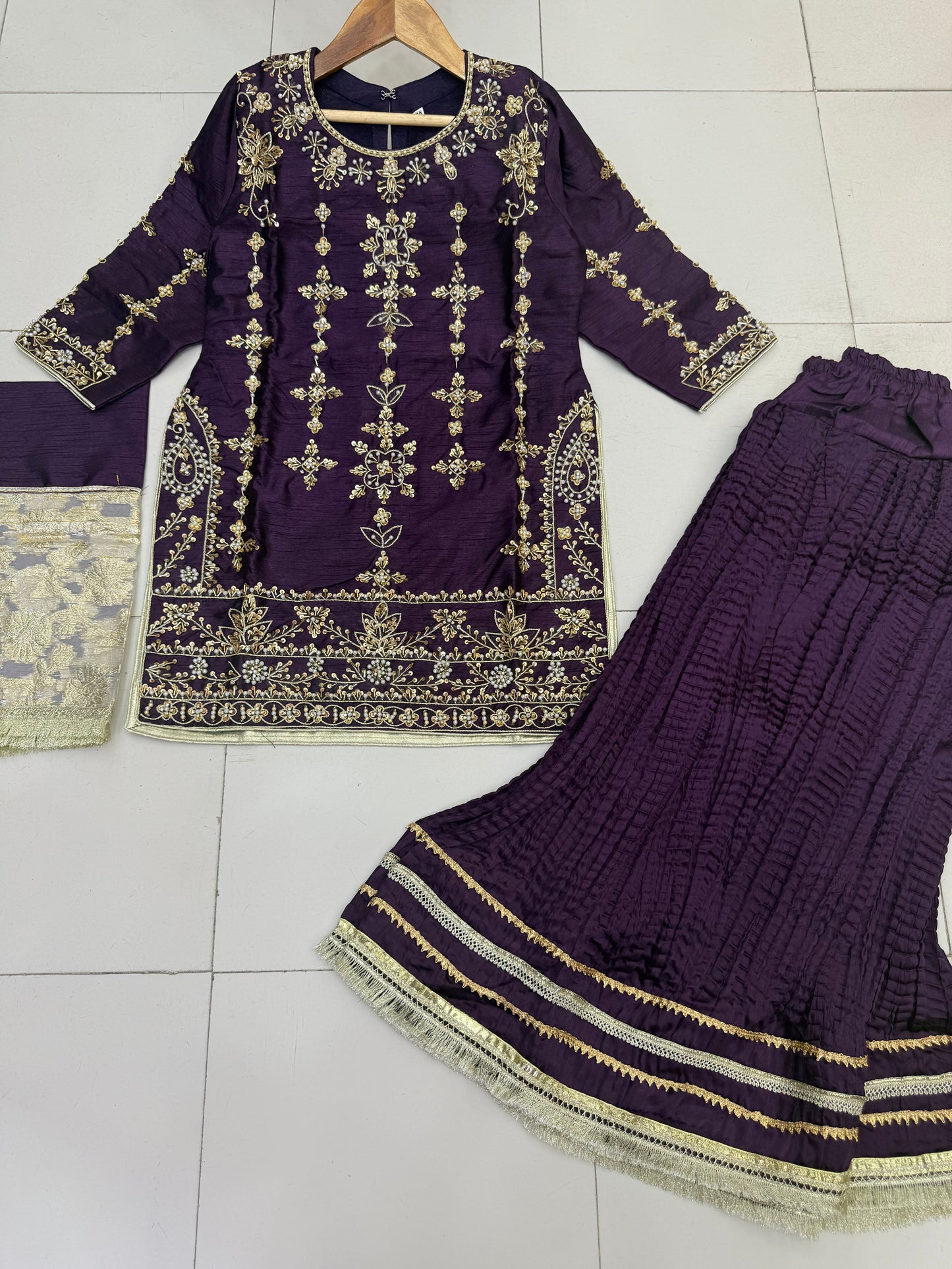 Silk Fabric Shirt With Crush Sharara Beautiful Artical Handmade work on shirt.