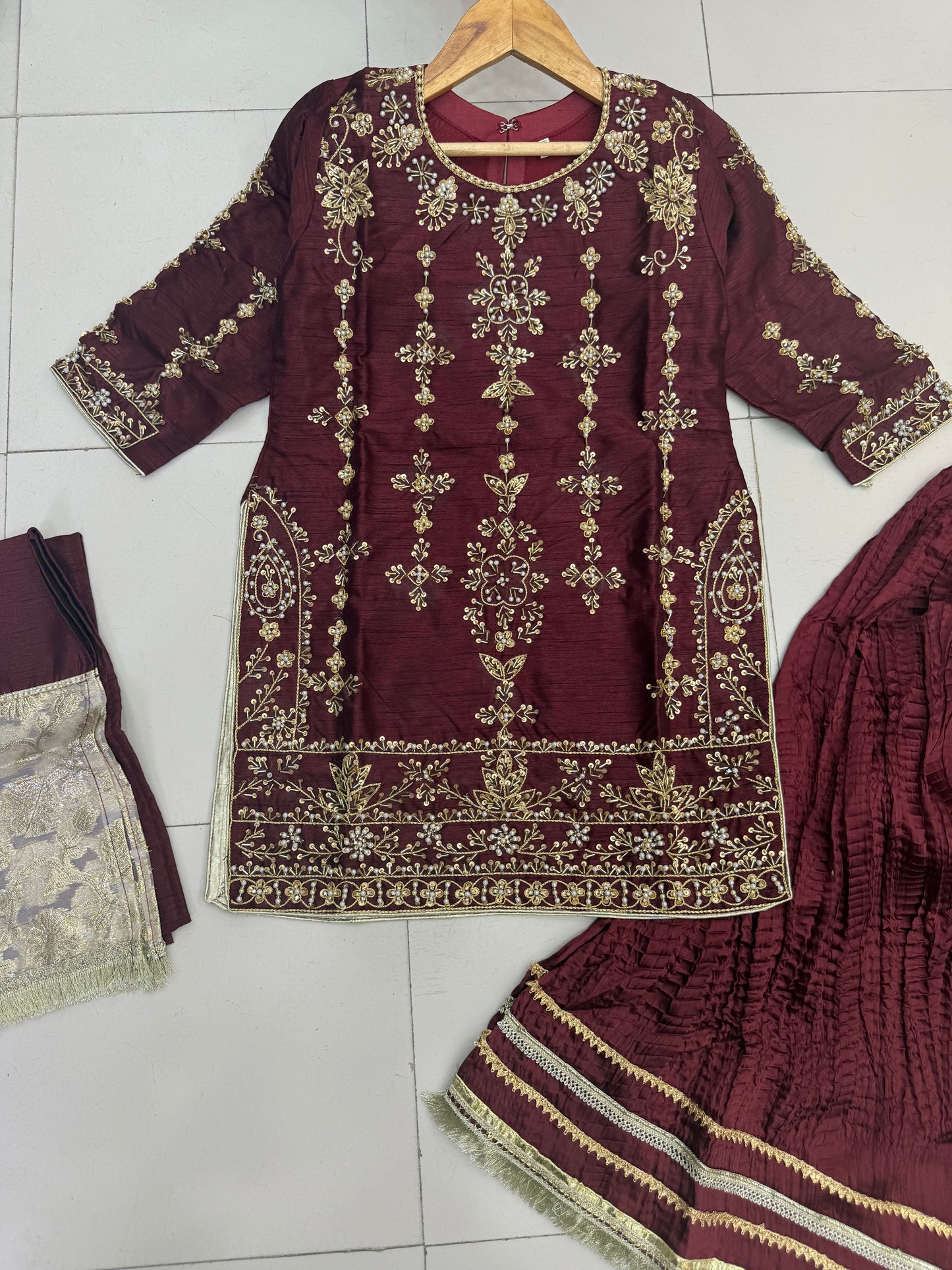 Silk Fabric Shirt With Crush Sharara Beautiful Artical Handmade work on shirt.