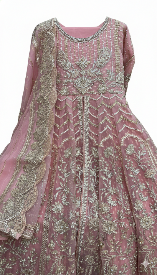 Organza Wedding Wear Maxi | Heavy Embroidery & Handmade Stone Work | Big Flare & Long Length 3-Piece Dress