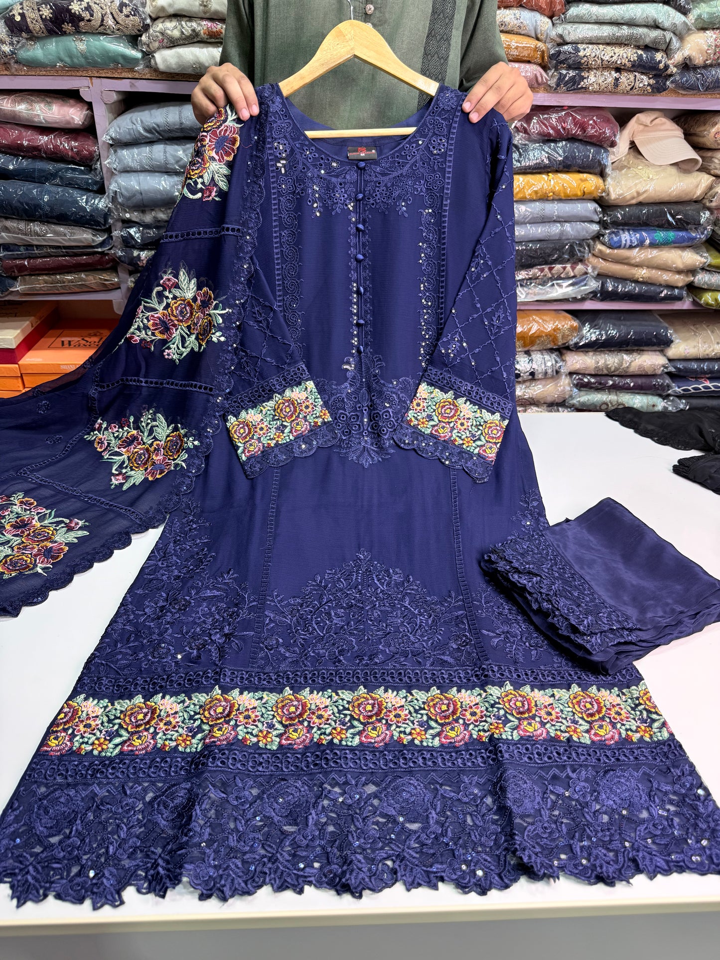 MARIAH B. Chiffon Fabric Long Shirt Heavy Embroidered Dupatta Dress 2025