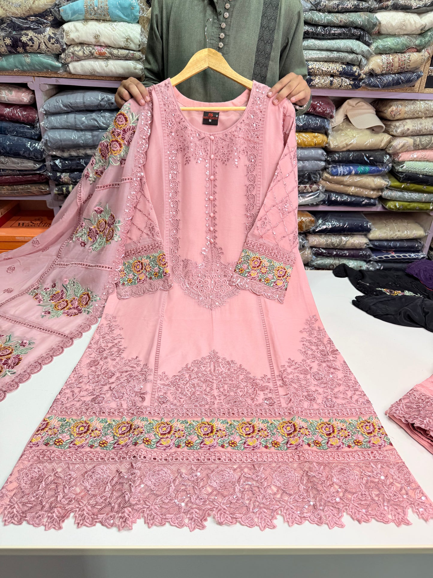 MARIAH B. Chiffon Fabric Long Shirt Heavy Embroidered Dupatta Dress 2025