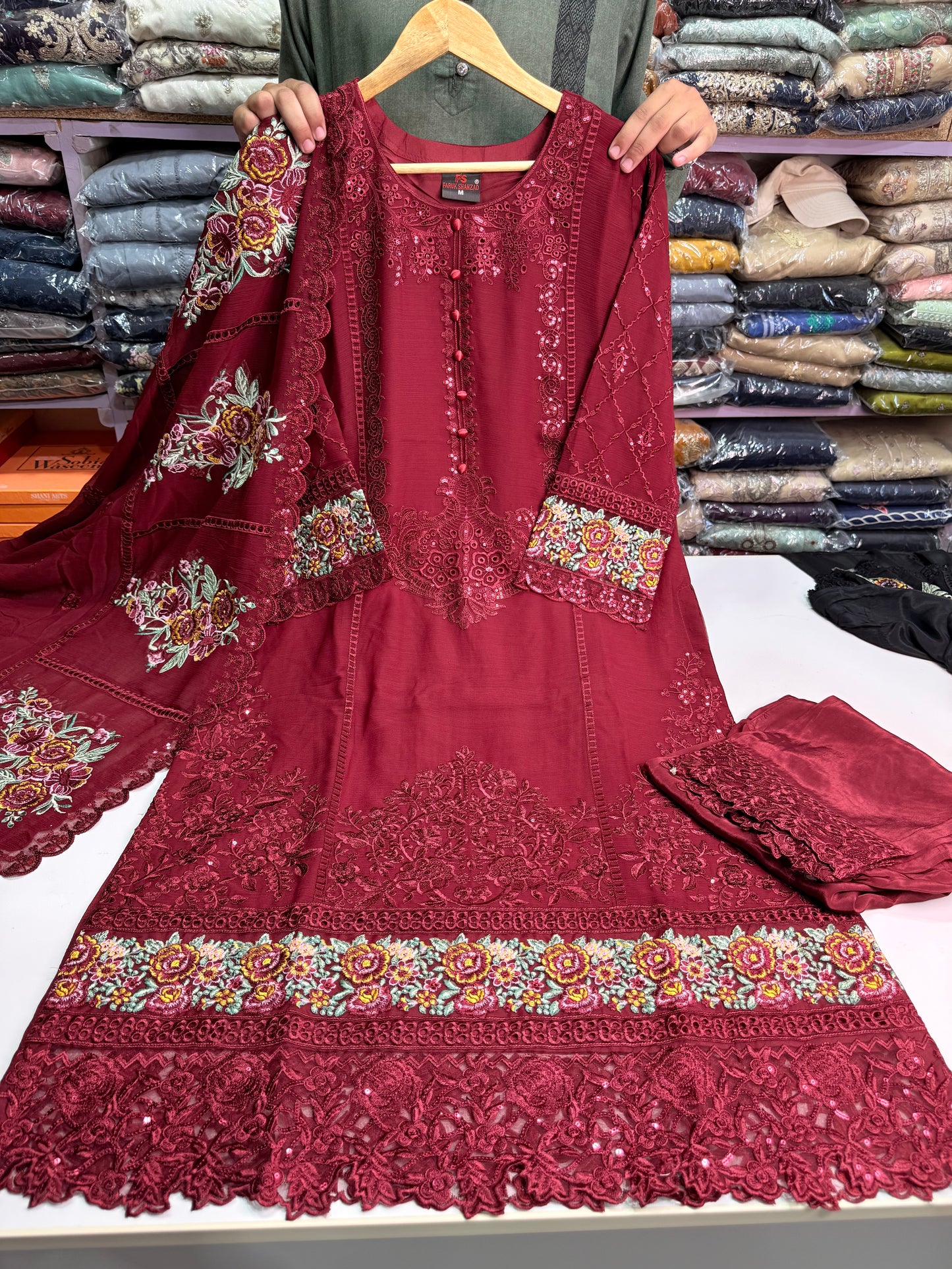 MARIAH B. Chiffon Fabric Long Shirt Heavy Embroidered Dupatta Dress 2025