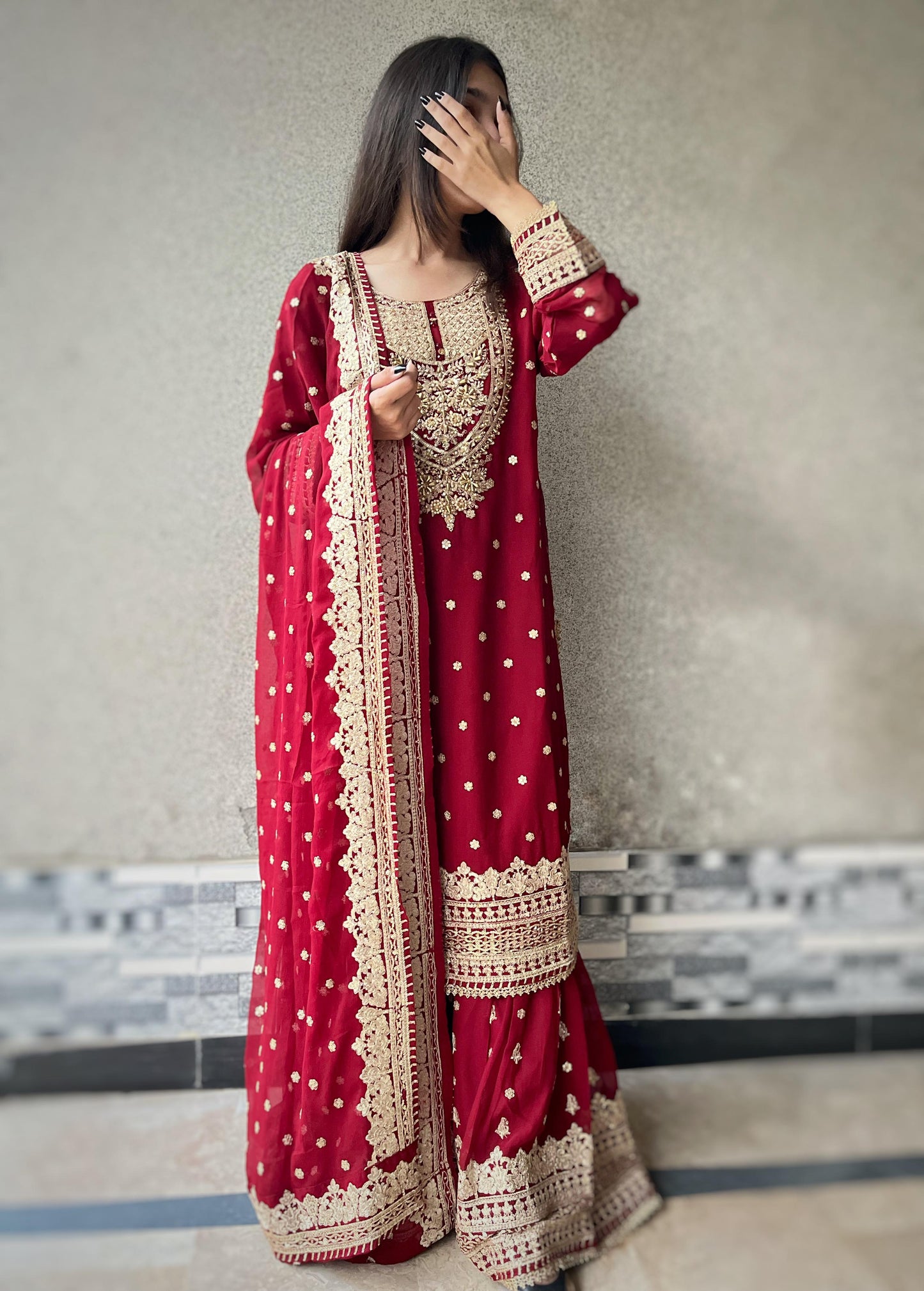 CHIFFON FABRIC 3-piece Long Embroidered Shirt With Ghrara