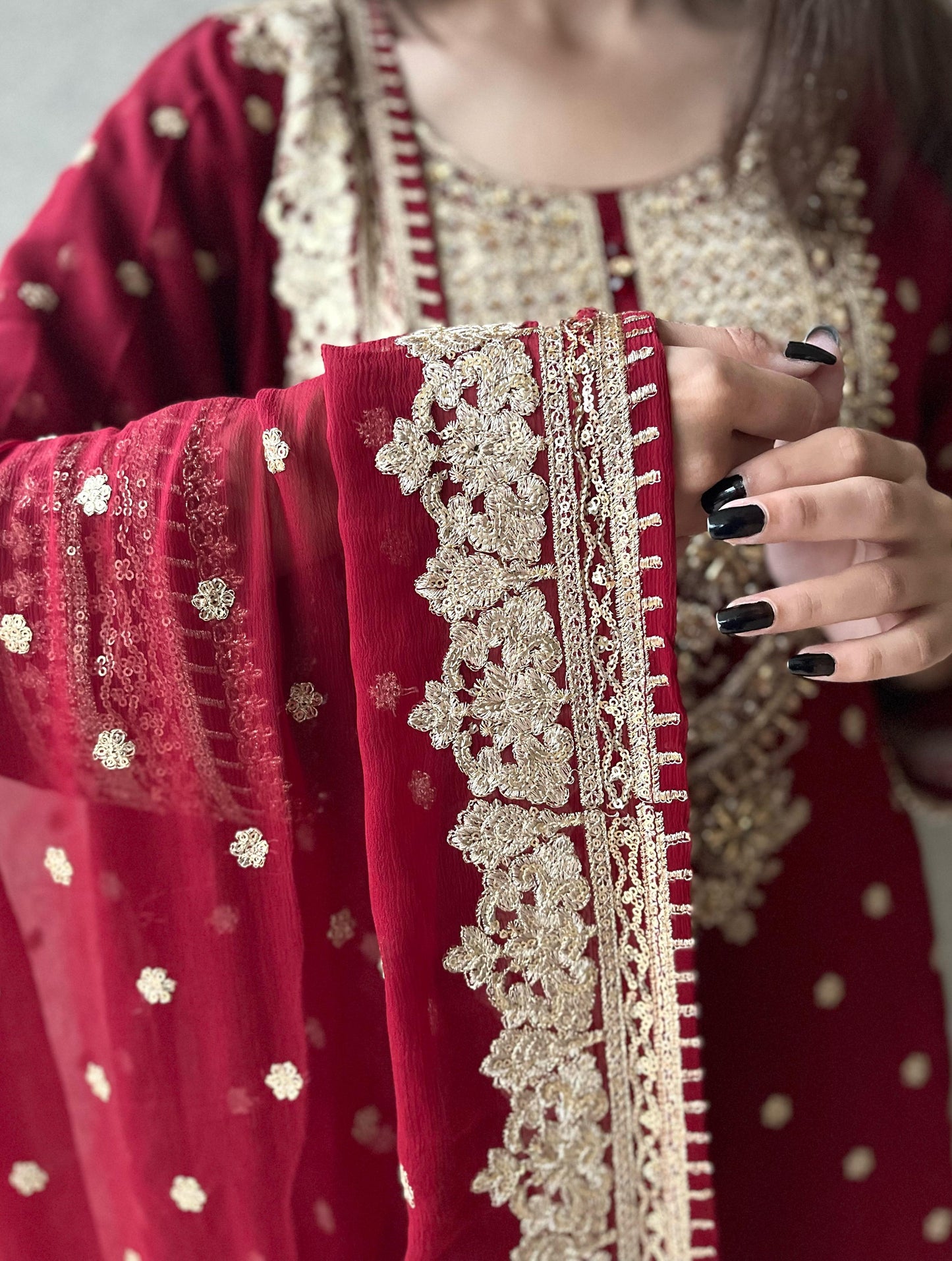 CHIFFON FABRIC 3-piece Long Embroidered Shirt With Ghrara