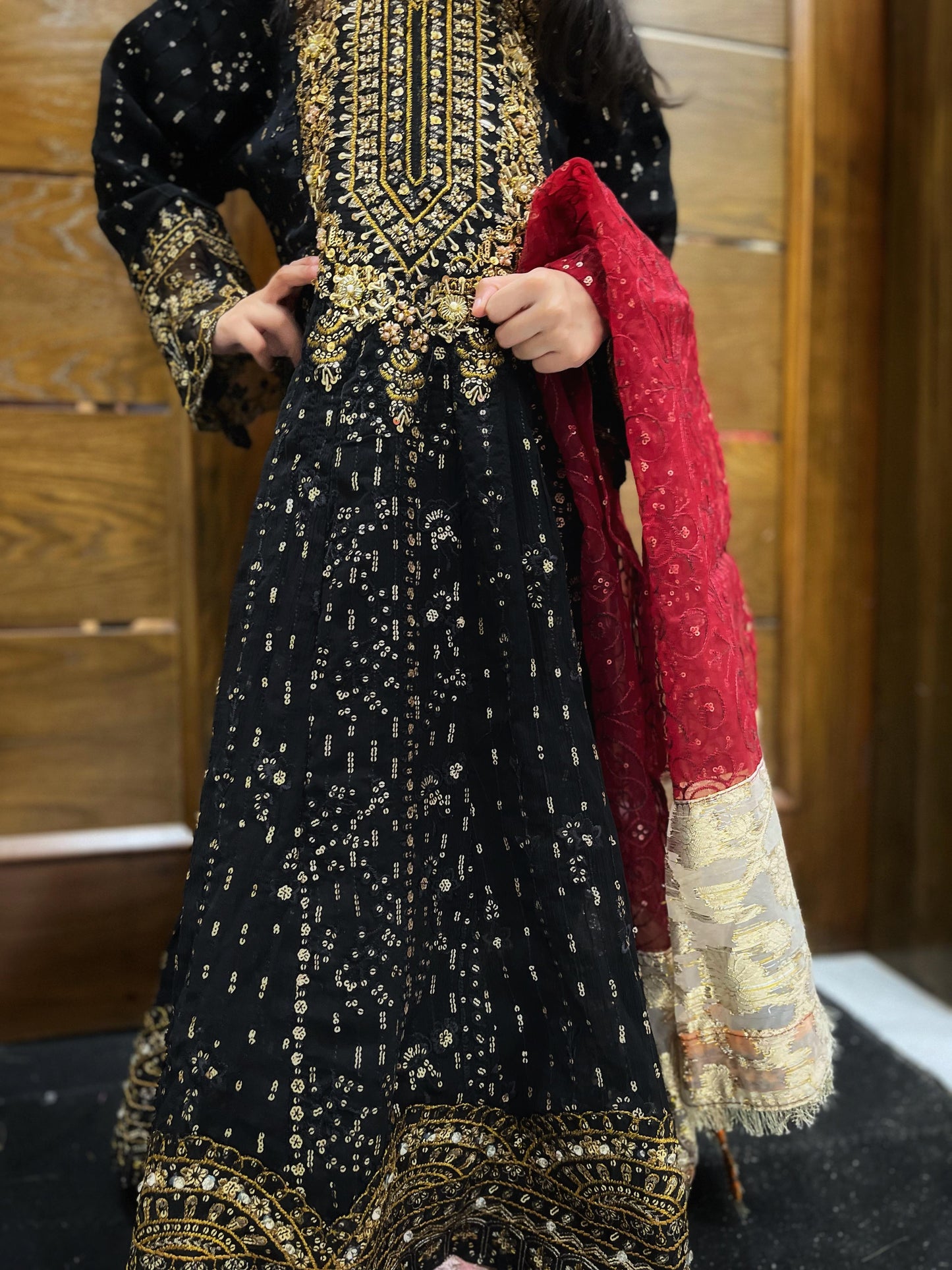 Elegant Heavy Embroidered Chiffon Dress for Kids – 3-Piece Set