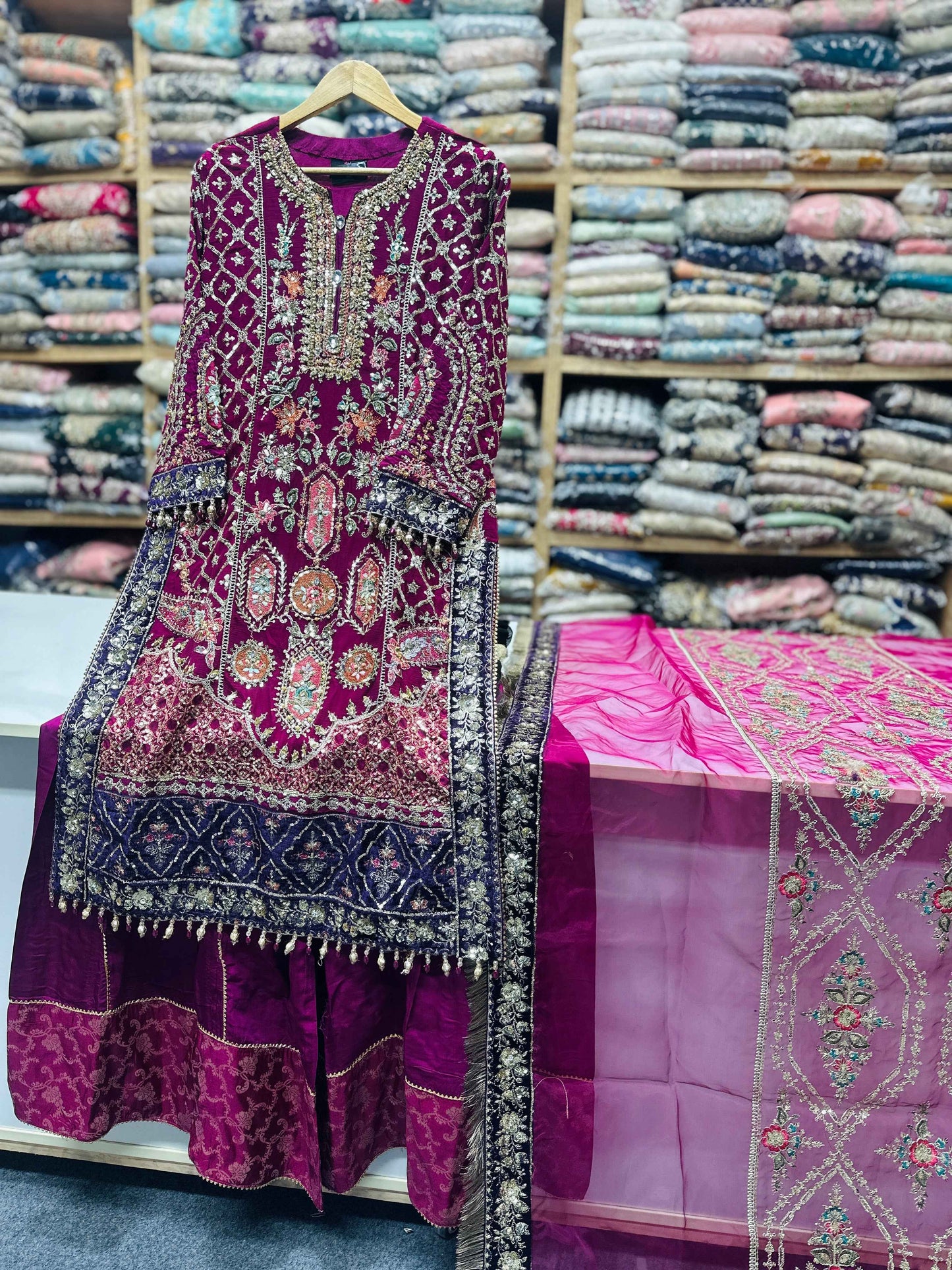 Elegant 3-Piece Embroidered Sharara Suit – Punjab Boutique Jhelum