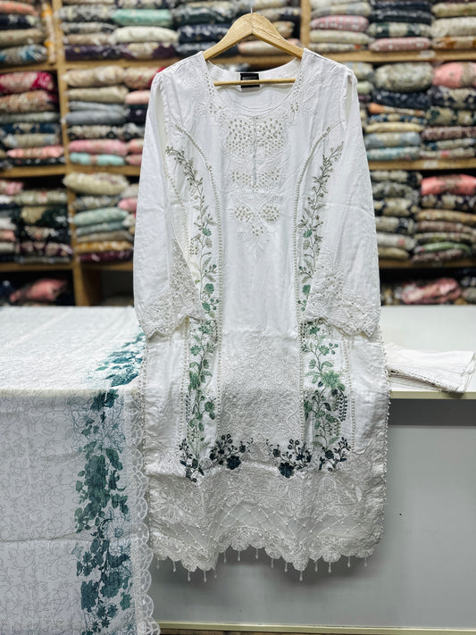 Luxury 3PC Embroidered Suit with Heavy Front & Sleeve Work | Punjab Boutique Jhelum