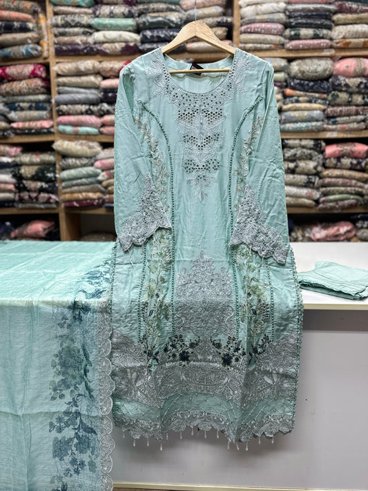 Luxury 3PC Embroidered Suit with Heavy Front & Sleeve Work | Punjab Boutique Jhelum