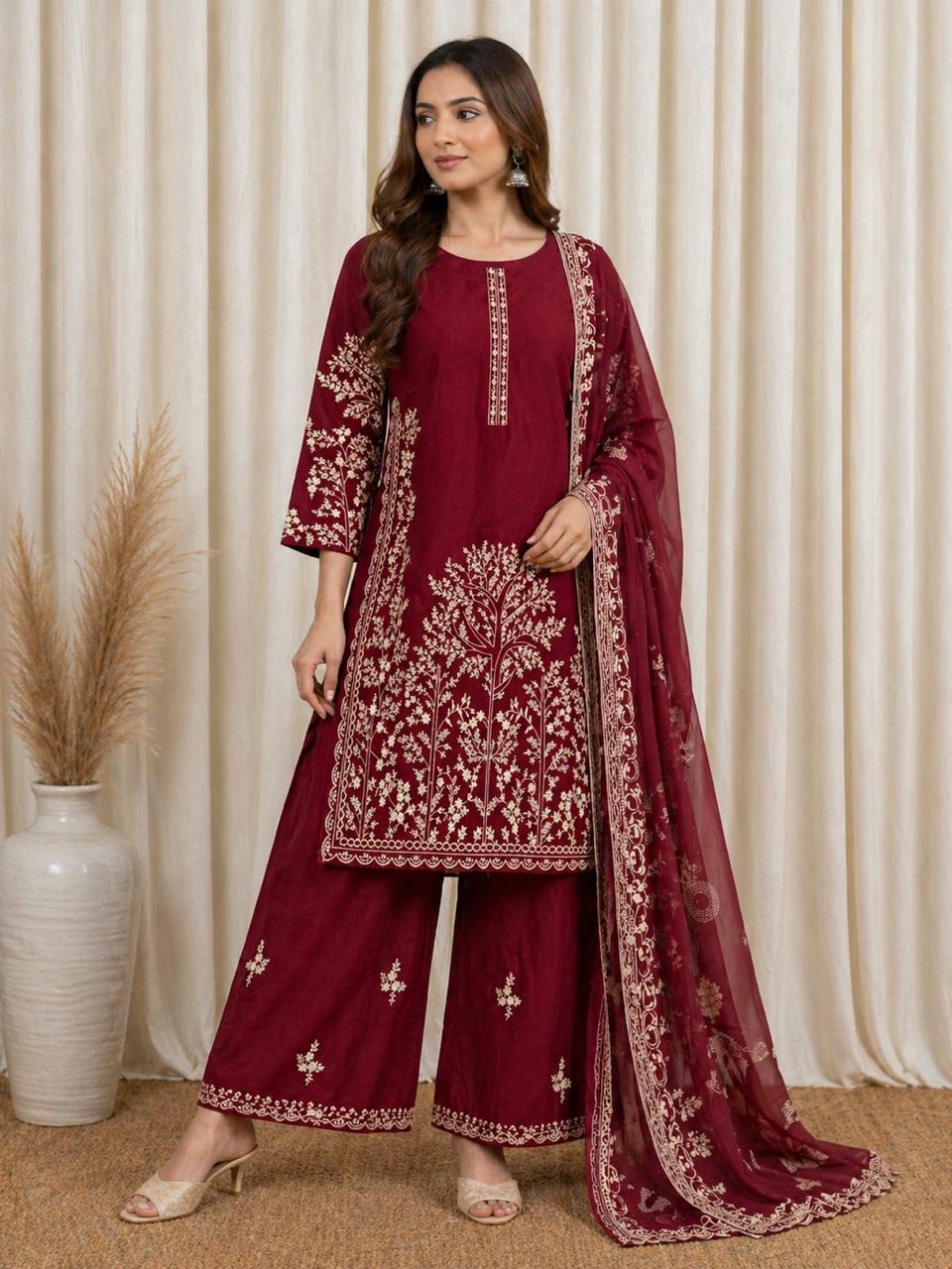3pc Embroidered Maroon