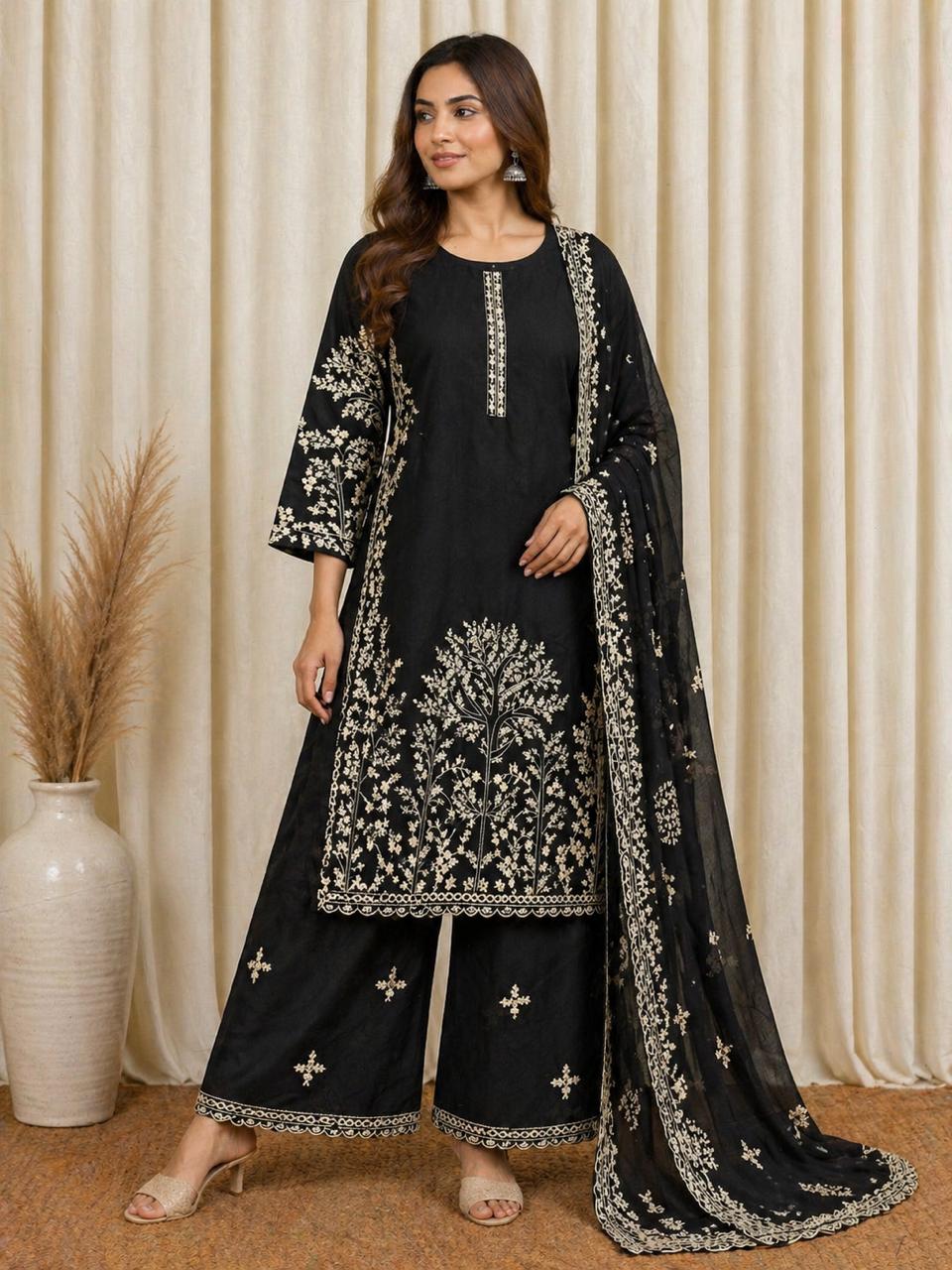 3pc Embroidered Black