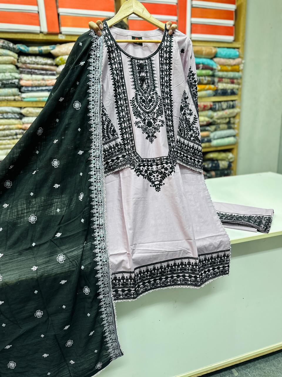 Premium Embroidered 3PC Cotton Suit Lilac