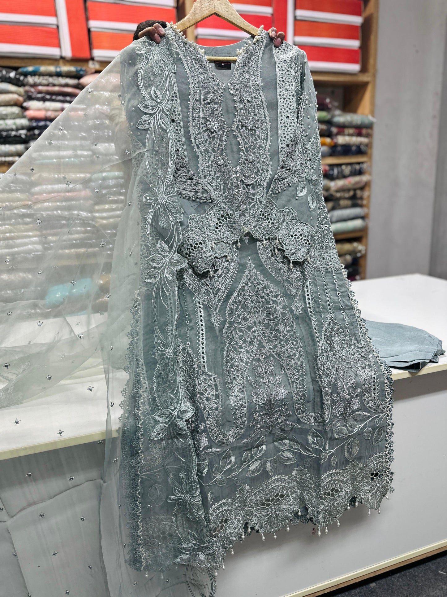 Organza 3pc Embroidered Ice Blue