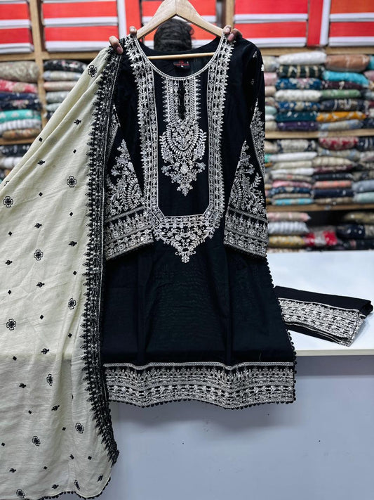 Premium Embroidered 3PC Cotton Suit Black