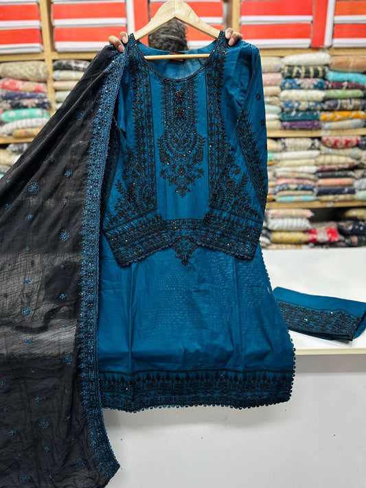 Premium Embroidered 3PC Cotton Suit Zinc