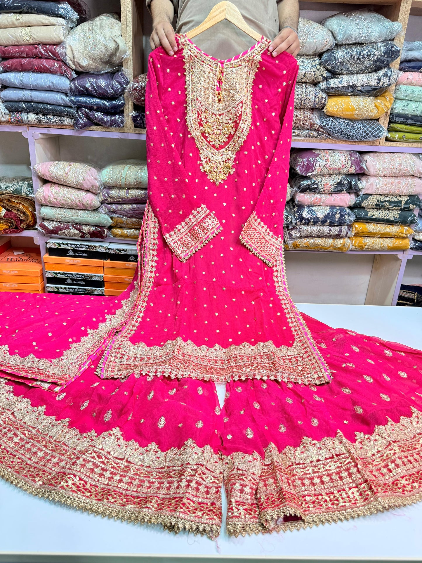 CHIFFON FABRIC 3-piece Long Embroidered Shirt With Ghrara