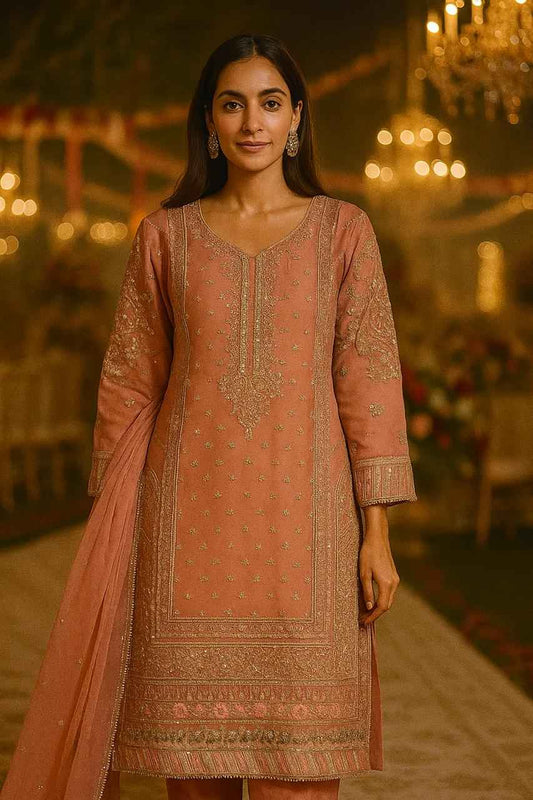 Handcrafted Organza 3PC Dress | Embroidered Dupatta & Grip Trouser