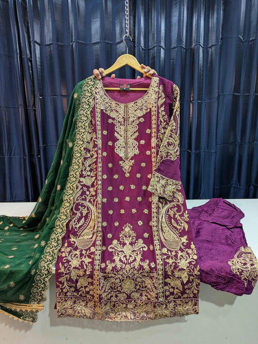 Chiffon Shirt with Embroidered Chiffon Dupatta & Grip Trouser with Embroidered Patch