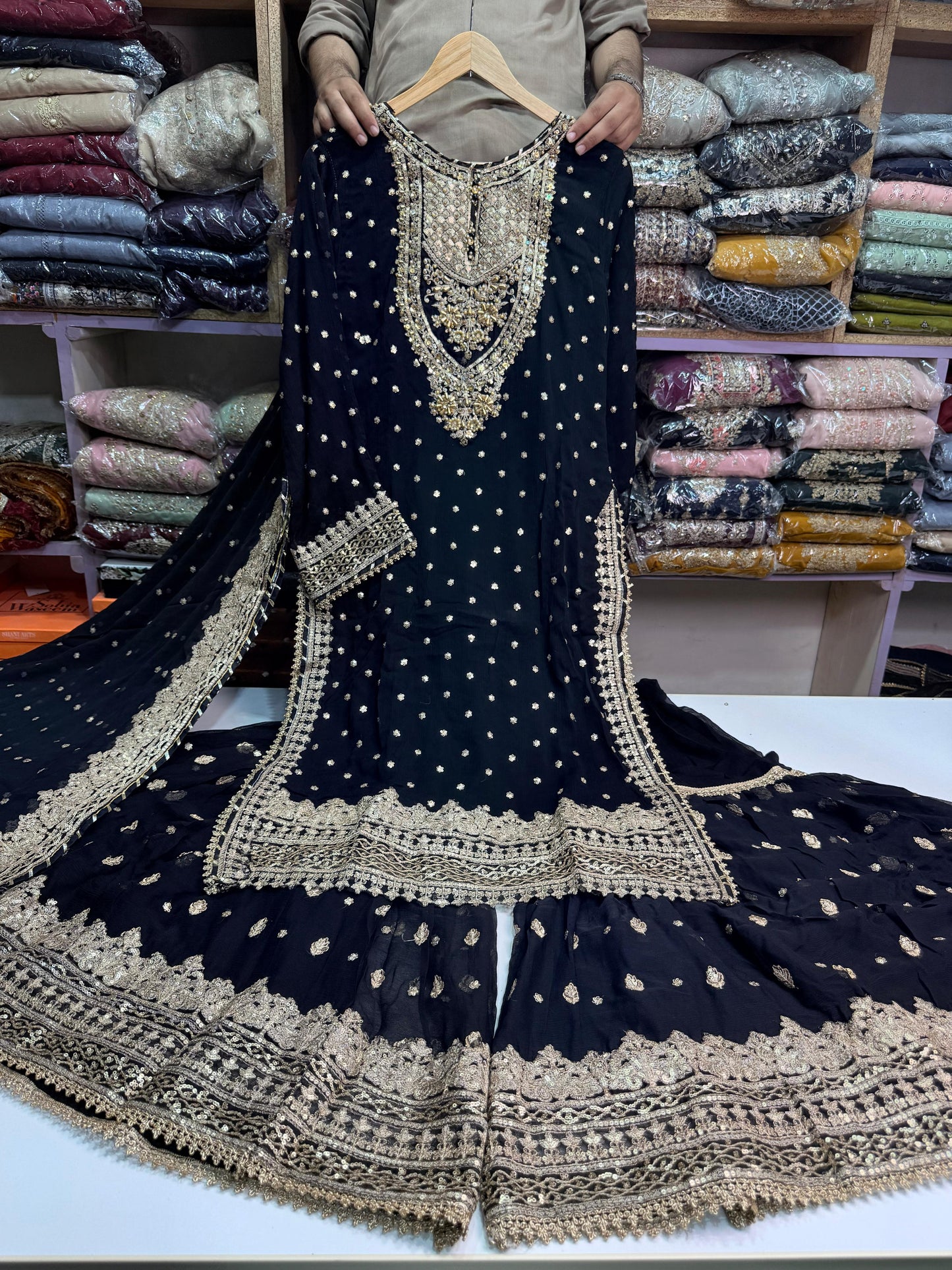 CHIFFON FABRIC 3-piece Long Embroidered Shirt With Ghrara