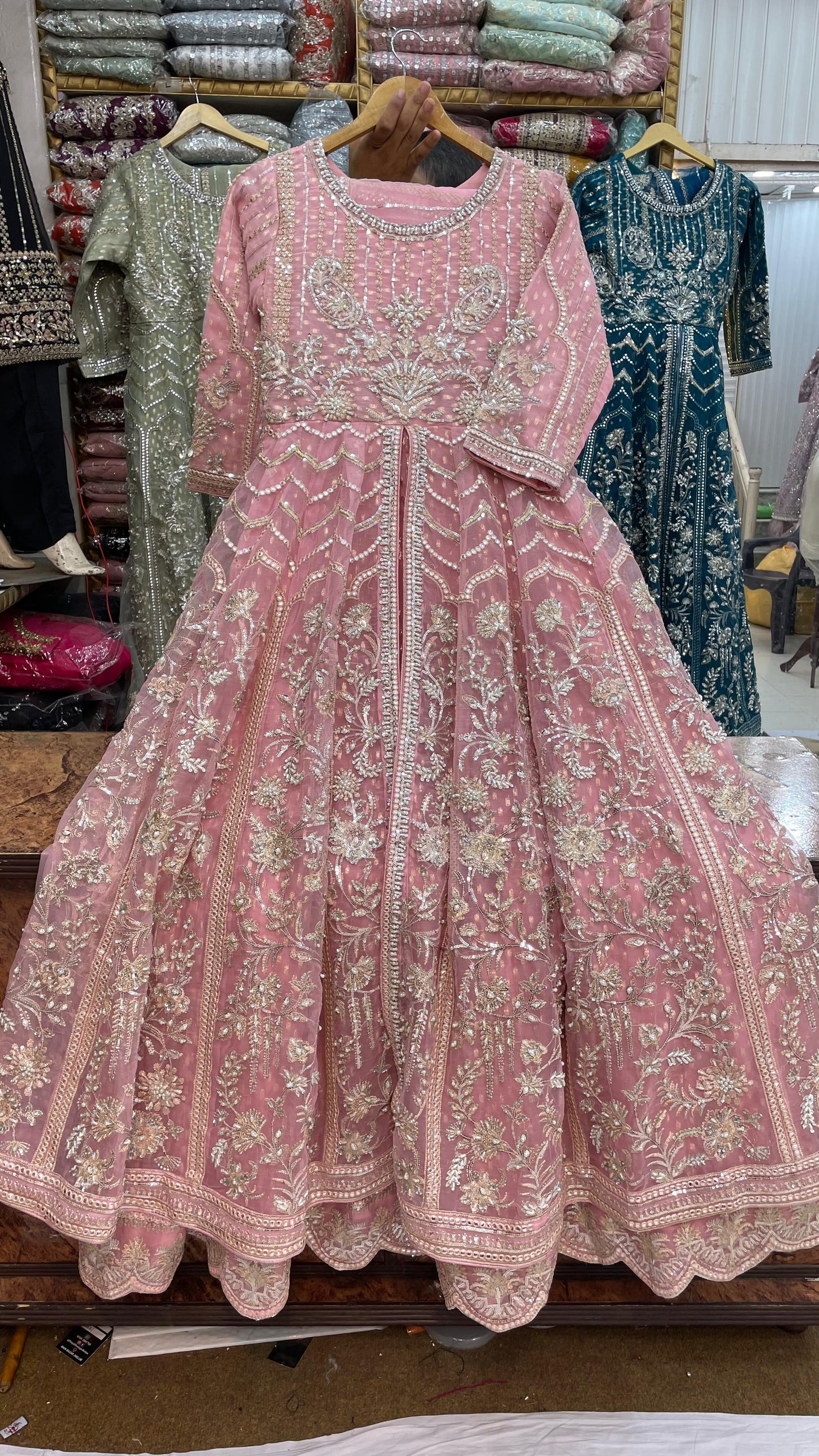 Organza Wedding Wear Maxi | Heavy Embroidery & Handmade Stone Work | Big Flare & Long Length 3-Piece Dress