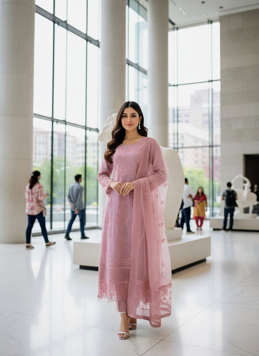 KHADDI COTTON FABRIC Long Frock With Heavy Embroidered Organza Fabric Dupatta Collection 2025