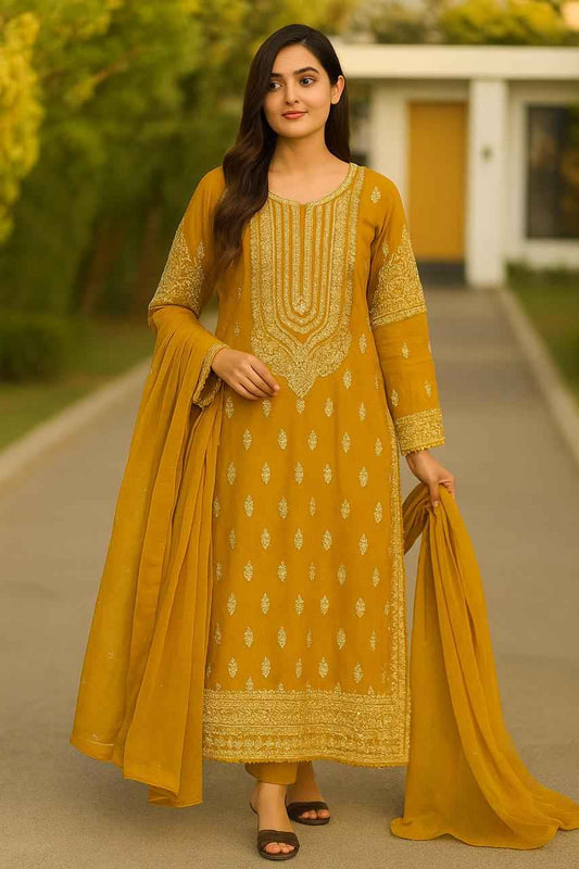 Elegant Chiffon Ensemble | Handmade Long Shirt, Trouser & Embroidered Dupatta