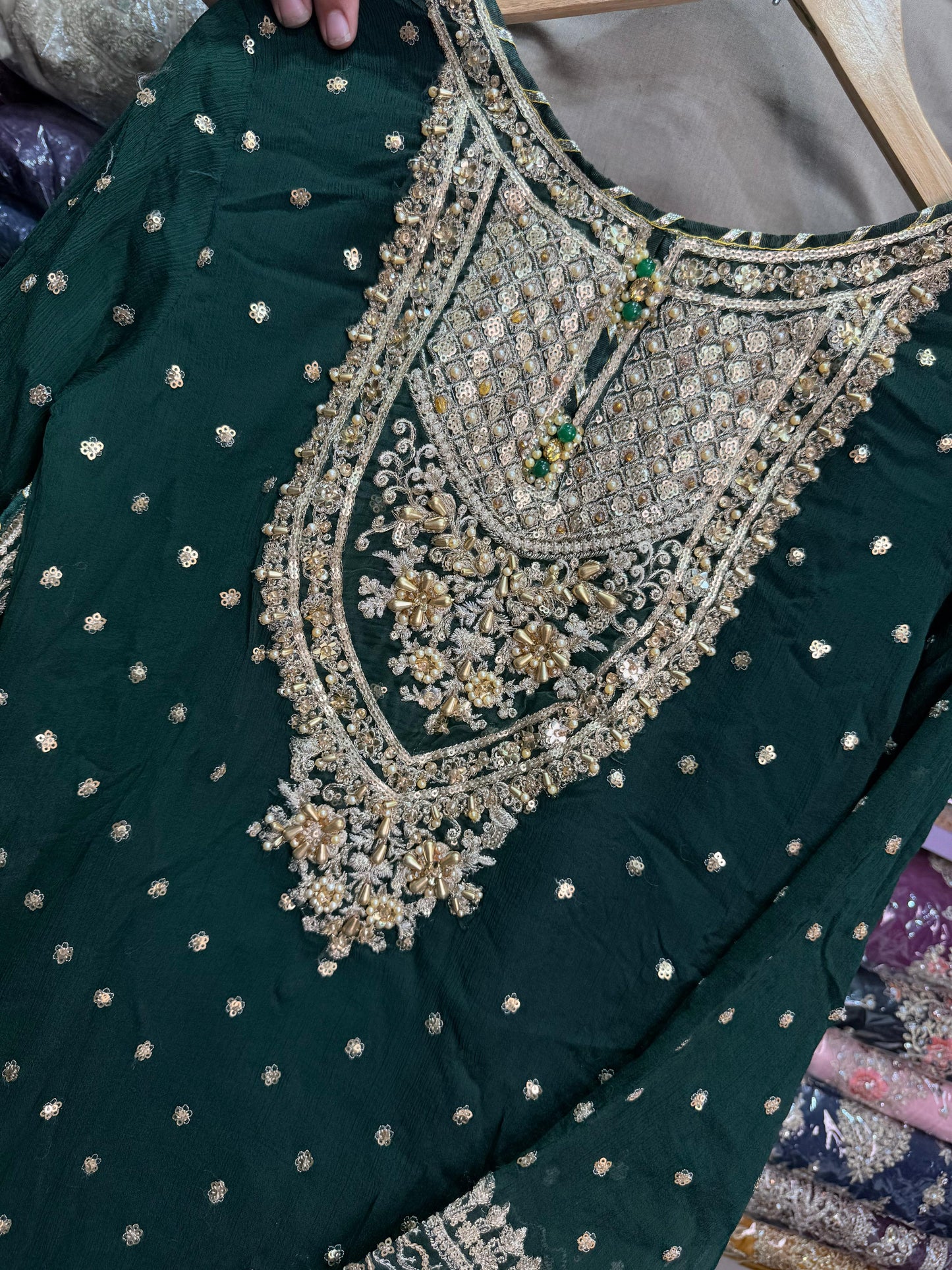 CHIFFON FABRIC 3-piece Long Embroidered Shirt With Ghrara