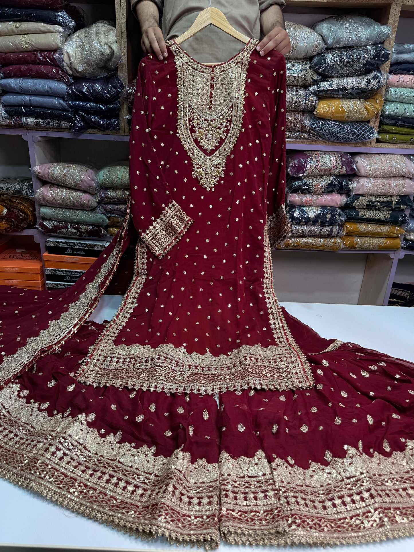 CHIFFON FABRIC 3-piece Long Embroidered Shirt With Ghrara