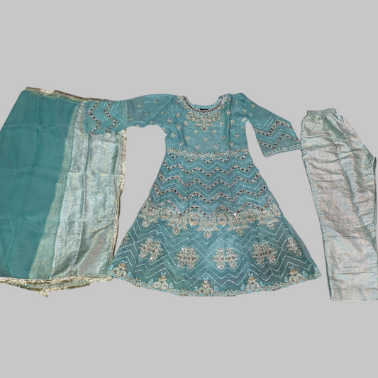 Organza Short Frock with Handmade Work & Chiffon Dupatta