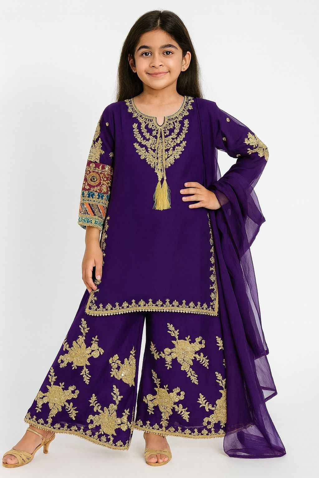 Kids Chiffon Dress | Embroidered Plazo & Multicolor Sleeve Work