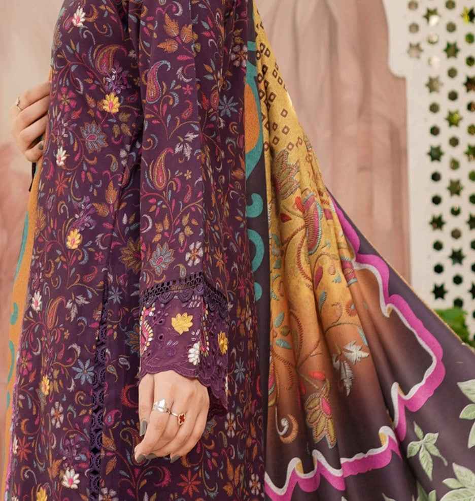 Dhanak Print Fabric Suit | Patch & Boring Work with Printed Shawl – Winter Collection