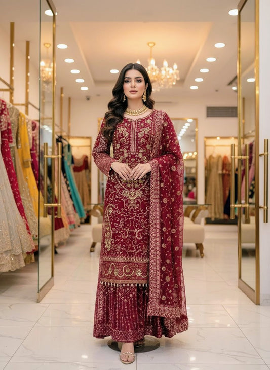 Net Fabric Shirt with Plazo & Chiffon Dupatta | Wedding Collection