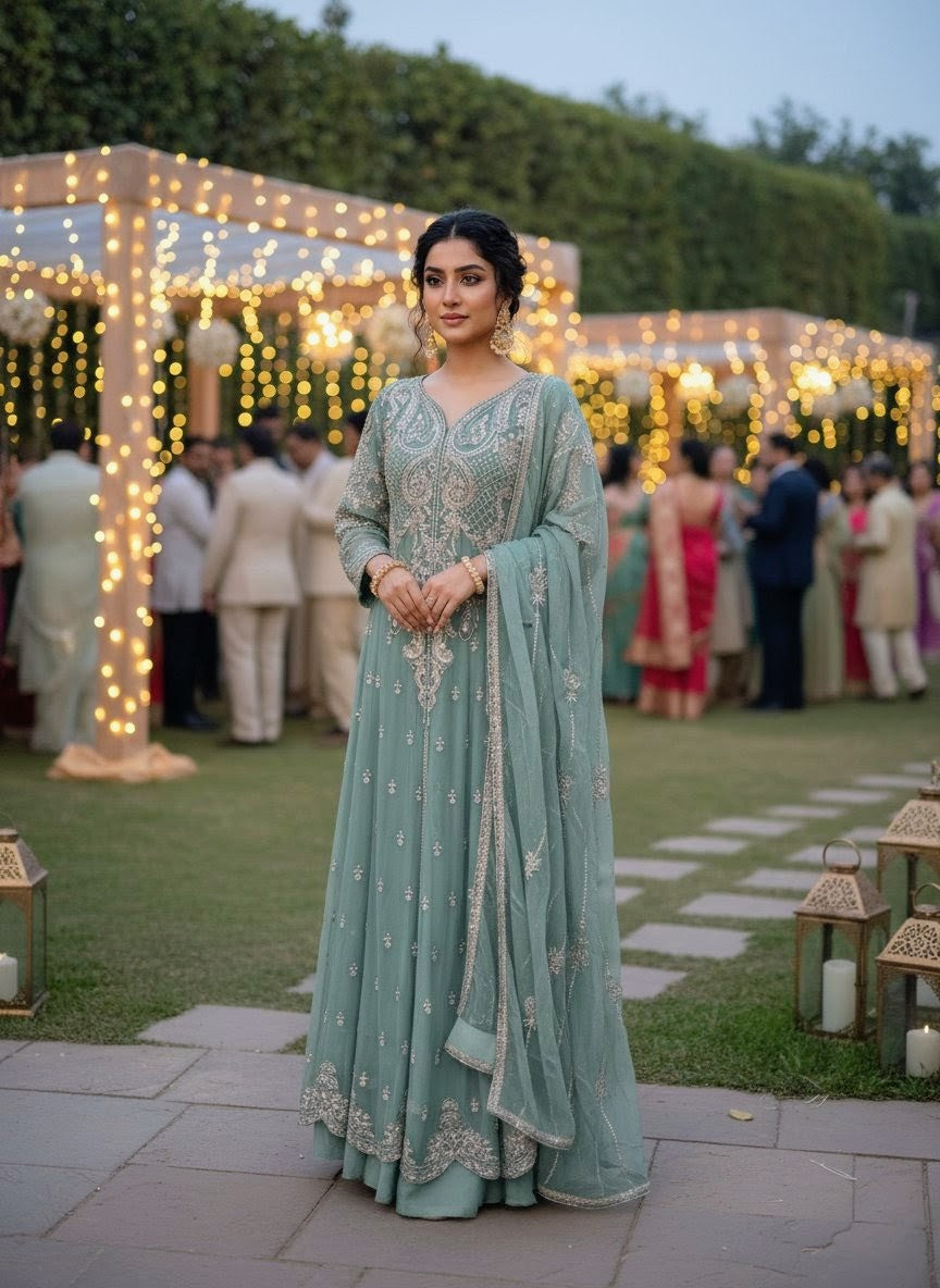 Chiffon Maxi with Chiffon Dupatta | Handmade Stone Work 2025
