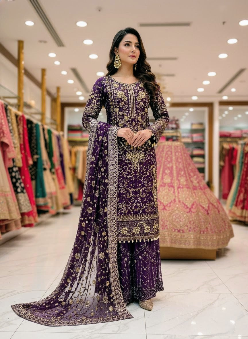 Net Fabric Shirt with Plazo & Chiffon Dupatta | Wedding Collection