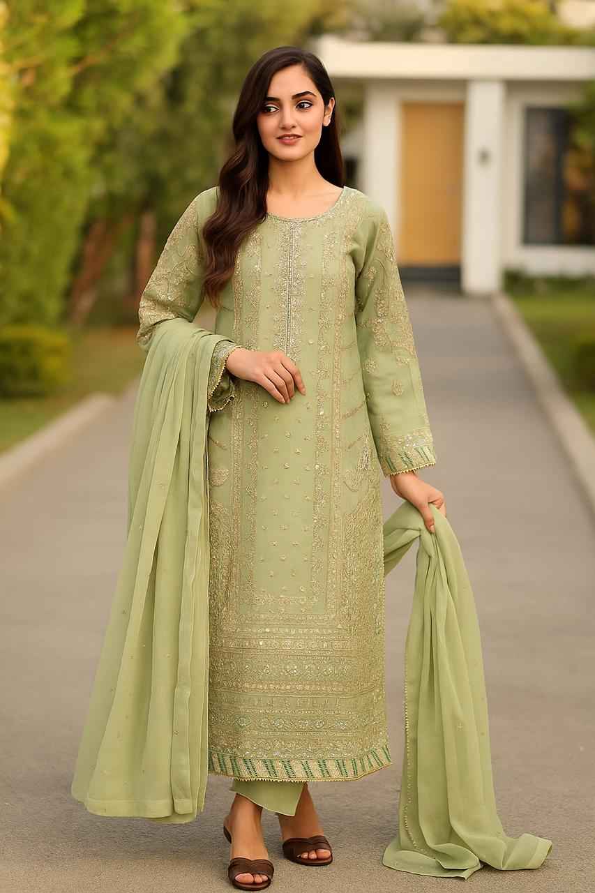 Handcrafted Organza 3PC Dress | Embroidered Dupatta & Grip Trouser