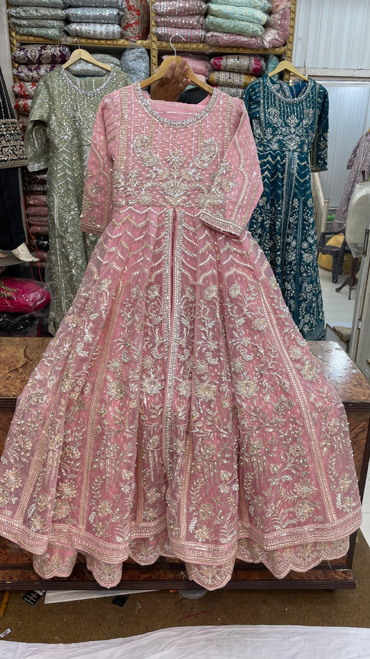 Organza Wedding Wear Maxi | Heavy Embroidery & Handmade Stone Work | Big Flare & Long Length 3-Piece Dress