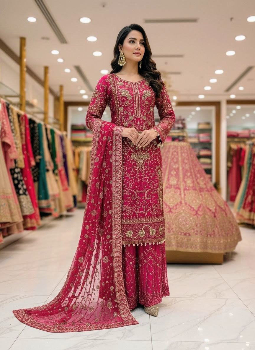 Net Fabric Shirt with Plazo & Chiffon Dupatta | Wedding Collection