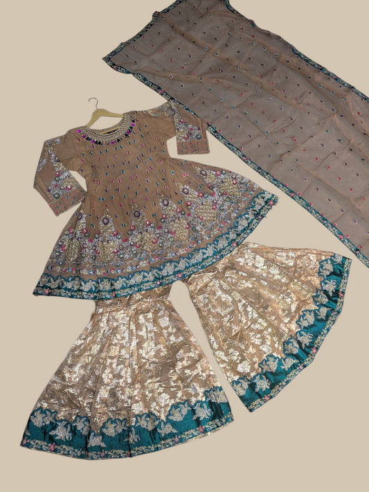 Chiffon Frock with Gharara & Organza Embroidered Dupatta