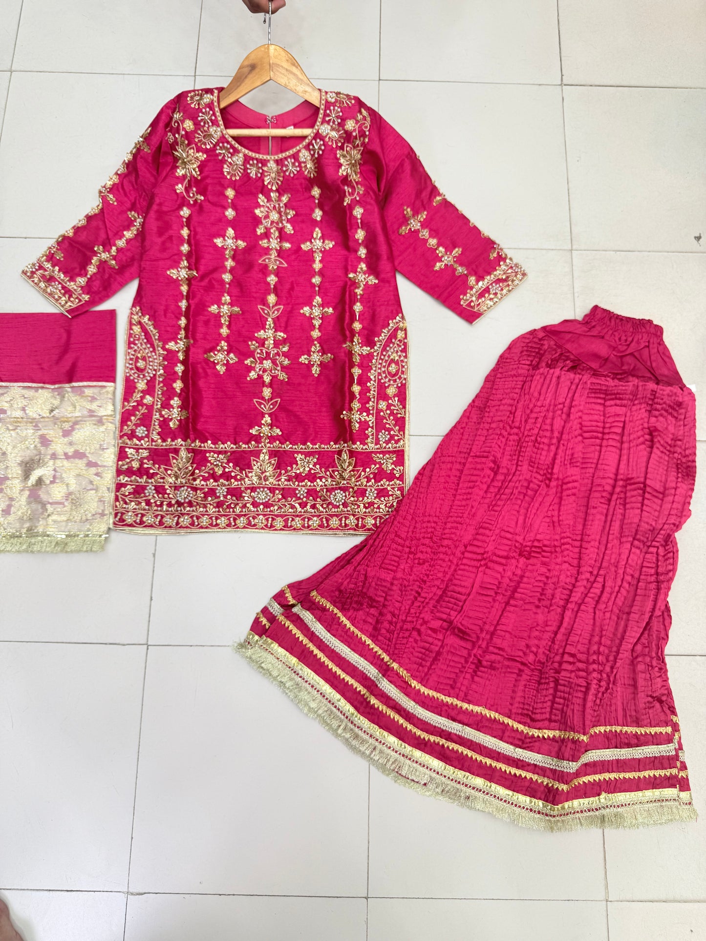 Silk Fabric Shirt With Crush Sharara Beautiful Artical Handmade work on shirt.
