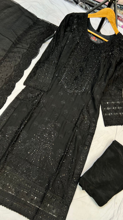 ✨ Classic Black Embroidered Chiffon 3-Piece Suit ✨