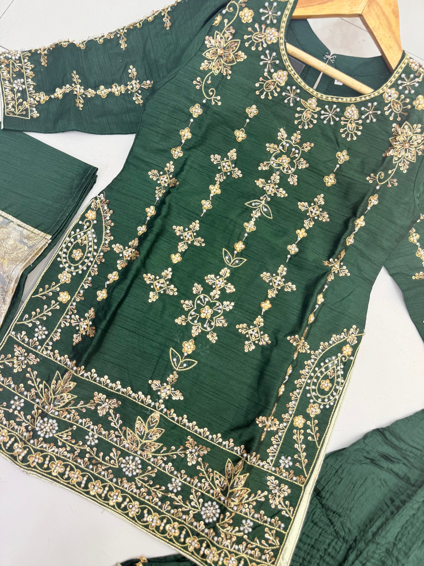 Silk Fabric Shirt With Crush Sharara Beautiful Artical Handmade work on shirt.