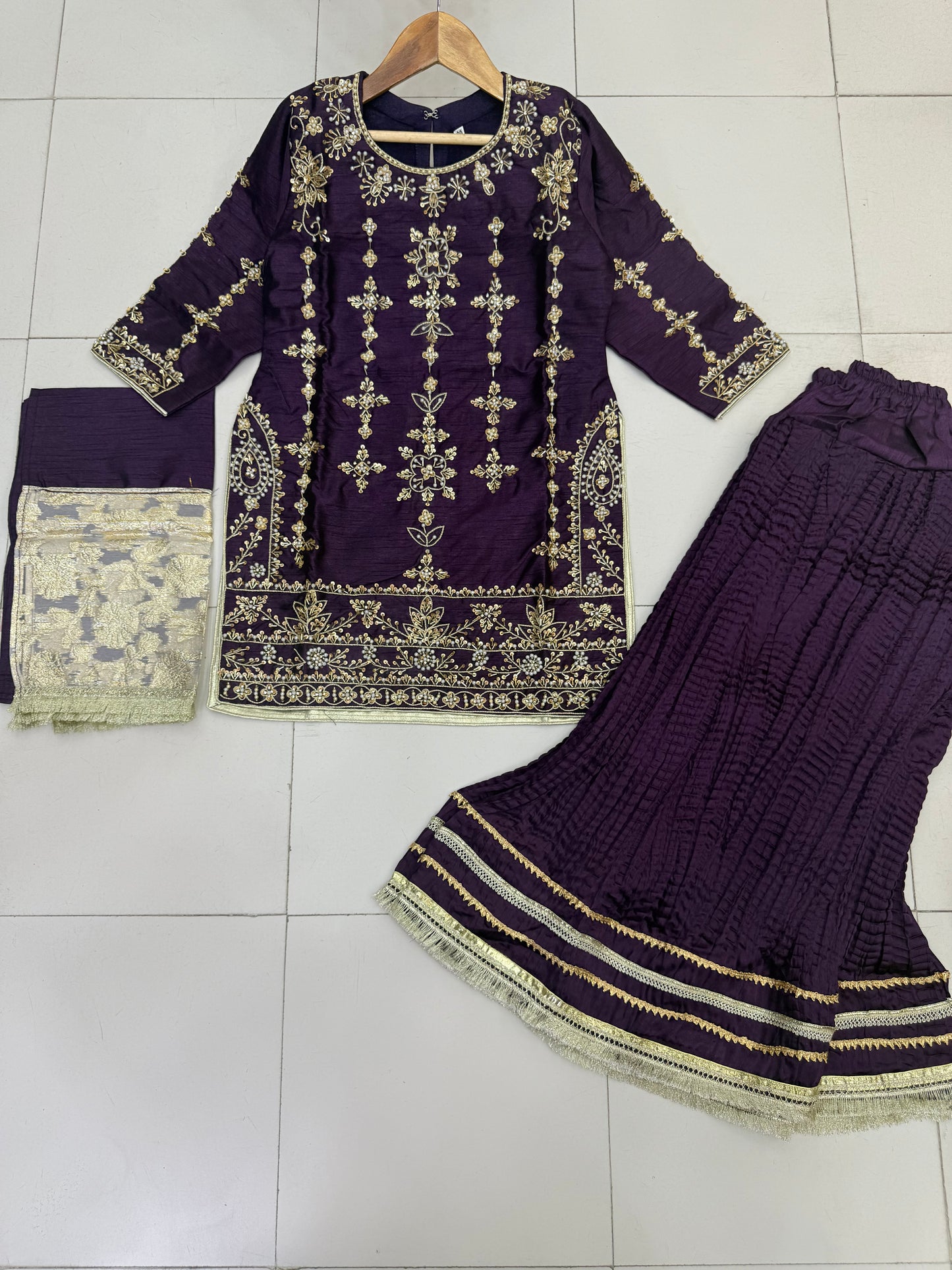Silk Fabric Shirt With Crush Sharara Beautiful Artical Handmade work on shirt.