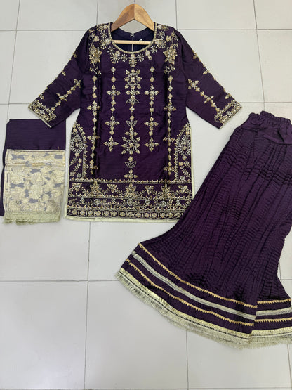 Silk Fabric Shirt With Crush Sharara Beautiful Artical Handmade work on shirt.