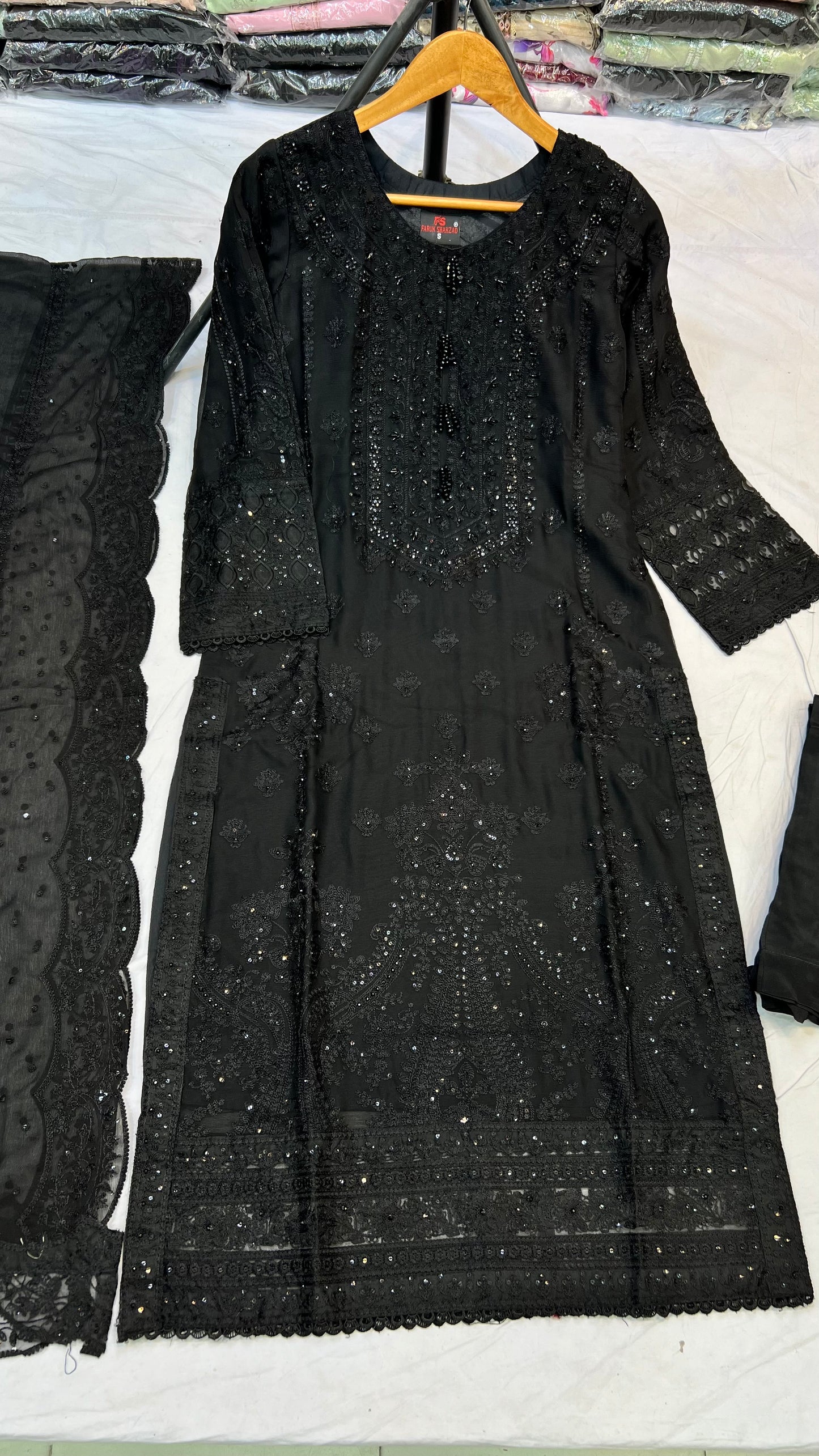 ✨ Classic Black Embroidered Chiffon 3-Piece Suit ✨