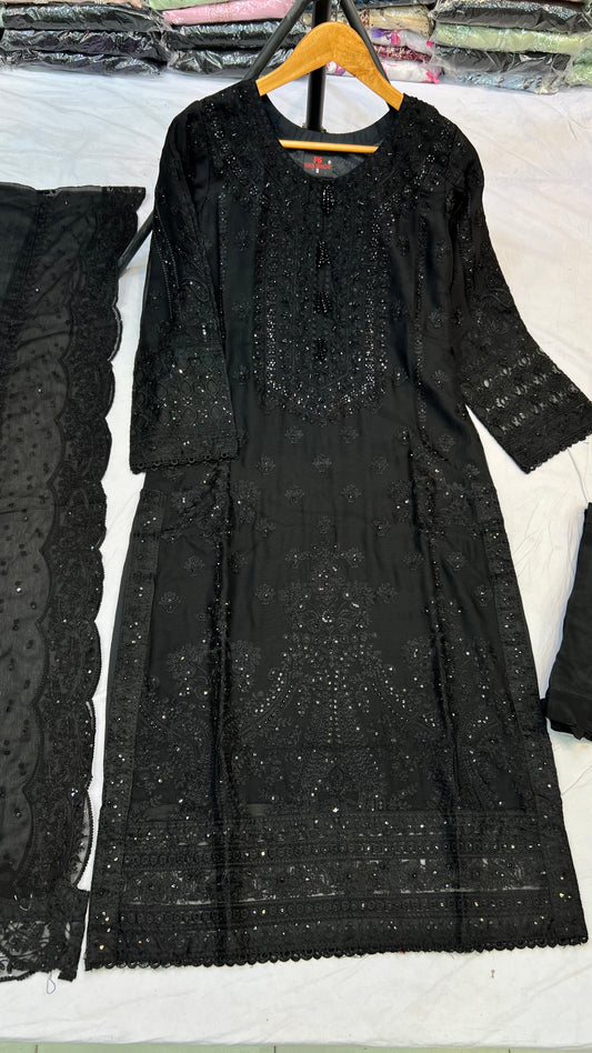 ✨ Classic Black Embroidered Chiffon 3-Piece Suit ✨