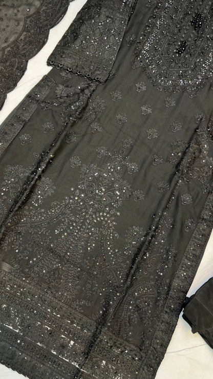 ✨ Classic Black Embroidered Chiffon 3-Piece Suit ✨