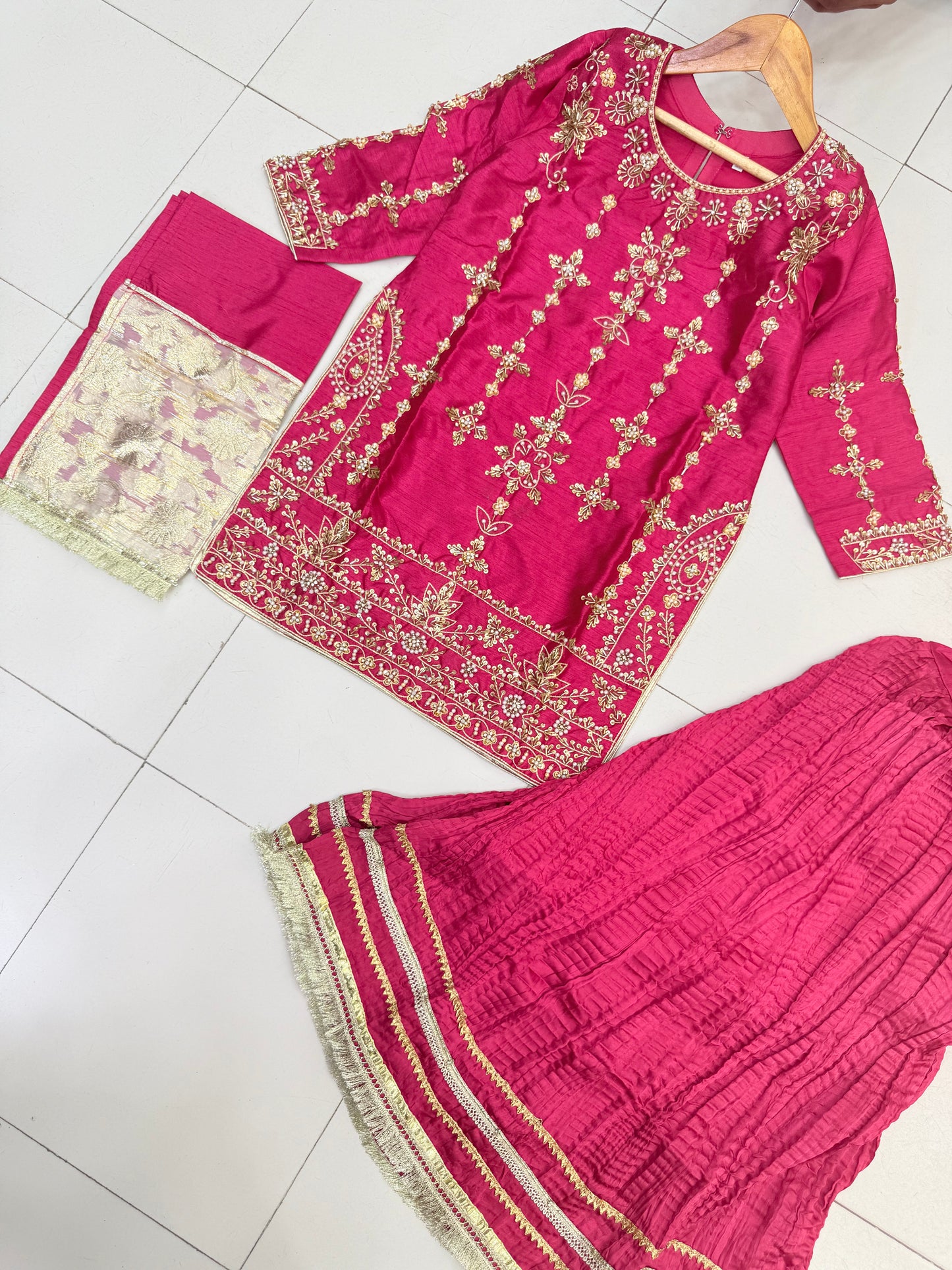 Silk Fabric Shirt With Crush Sharara Beautiful Artical Handmade work on shirt.