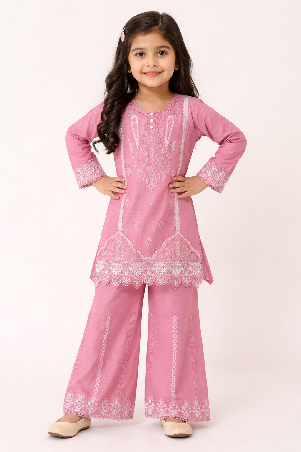 Kids Cotton Embroidered Shirt and Plazo With Chiffon Dupatta.